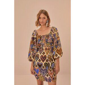 Farm Rio Cream Hearts Ikat Long Sleeve Mini Dress M